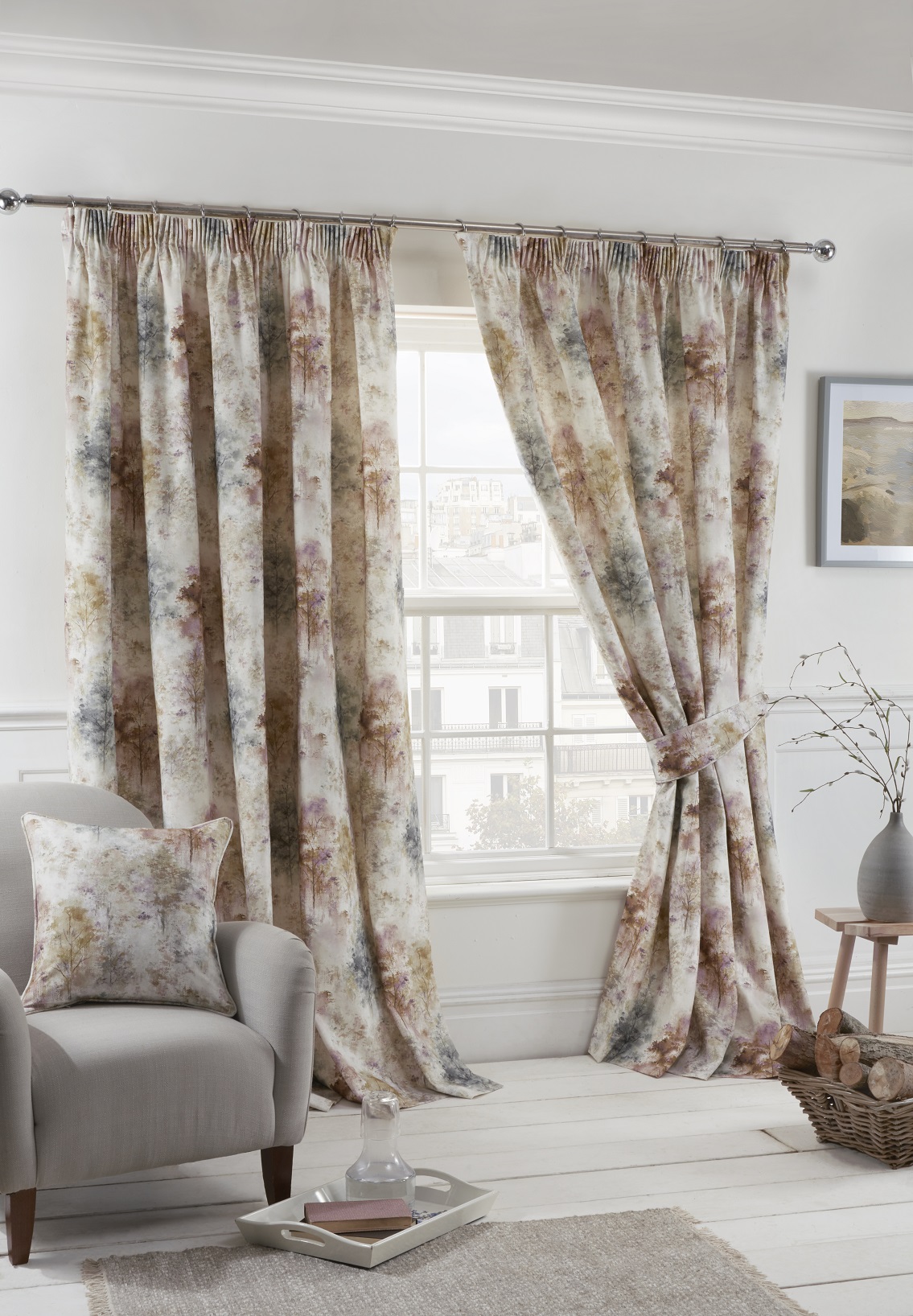Sundour "Woodland" Trees Watercolour Fully Lined 3" Pencil Pleat Curtains Blush 
